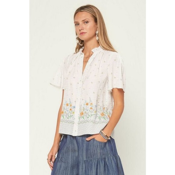 💕CURRENT AIR💕 Floral Border Ruffle Top ~ White Floral Print Medium M NWT - Picture 1 of 10